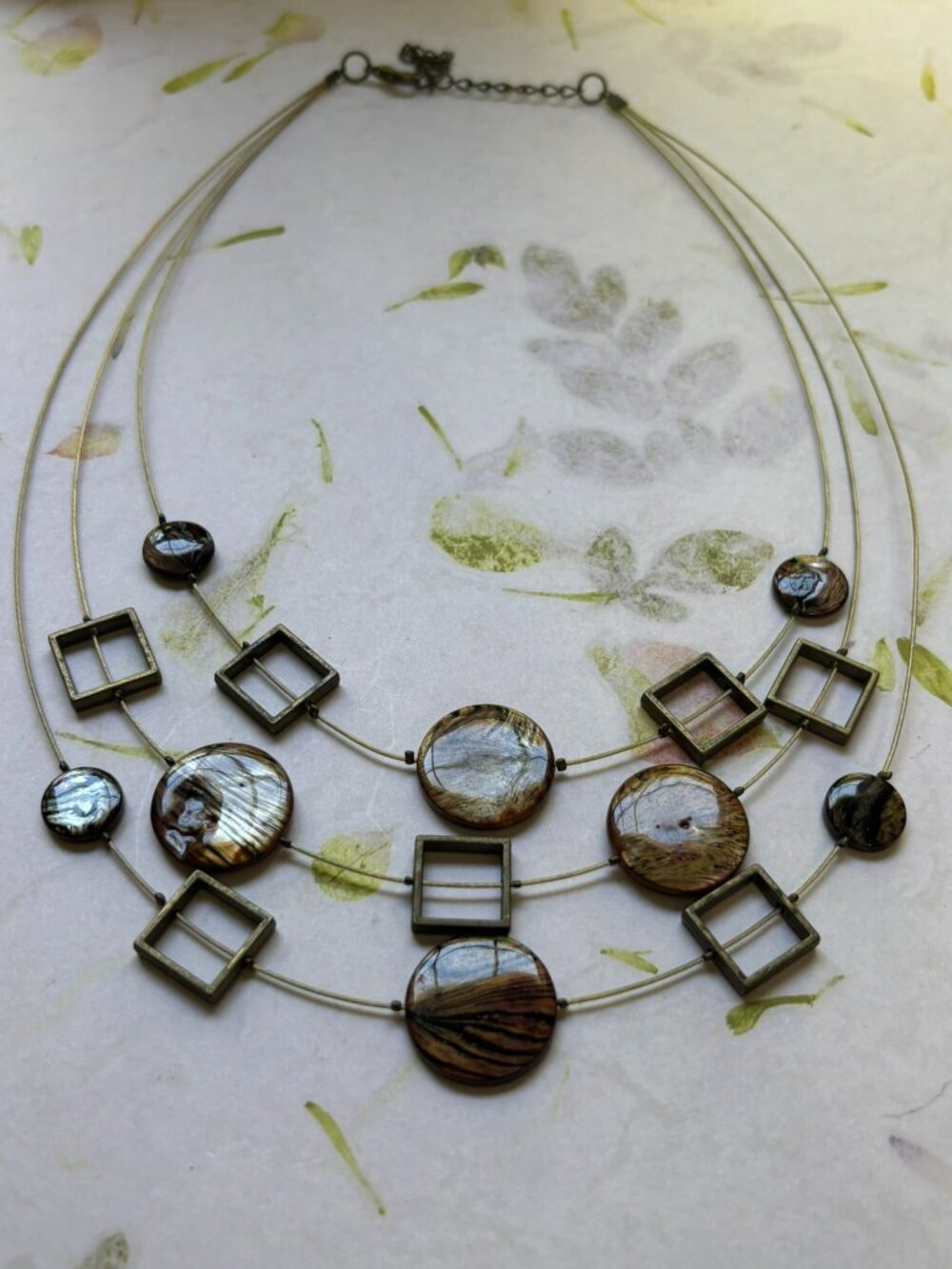 3 Strand Earthy Geometric Illusion Necklace 16-19” Brown Wood Grain Bronze